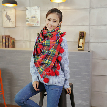 2016新款格子围巾 女士冬季兔毛球球仿羊绒围巾披肩两用韩国保暖