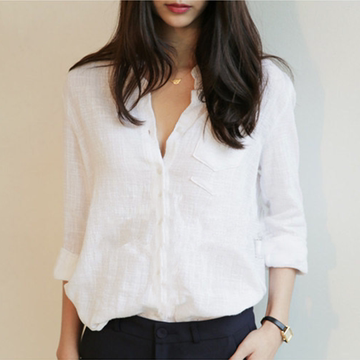 2015秋冬季韩版新款女士棉麻白衬衫长袖大码修身亚麻女式休闲衬衣