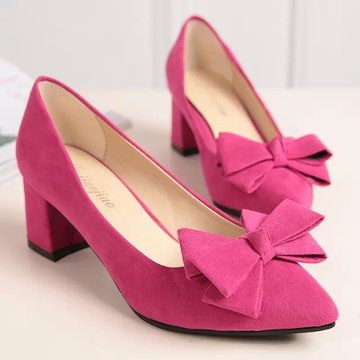 新款单鞋磨砂浅口尖头方根低跟矮跟蝴蝶结女鞋子低帮鞋红色婚鞋