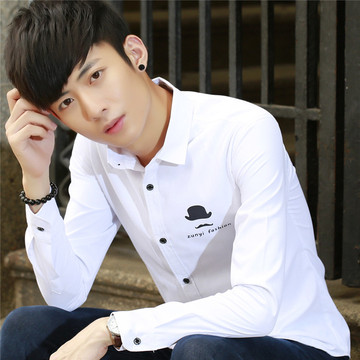 2016春季男士长袖衬衫加绒商务韩版修身白衬衣印花男寸衫潮