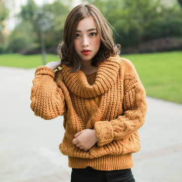 2015秋冬装新款韩版学生女装学院风中长款女士堆堆领宽松套头毛衣