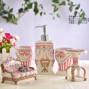 方亚陶瓷工艺品家具卫浴洗漱五件套欧式陶瓷卫浴粉色猫咪结婚礼物