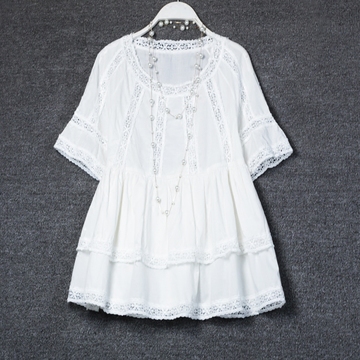 2016夏季新款女装圆领短袖韩版宽松雪纺显瘦修身蕾丝衫上衣小衫女