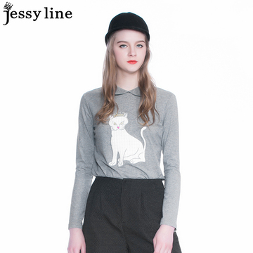jessy line2016秋装新款 杰茜莱卡通猫咪图案百搭长袖T恤 女上衣