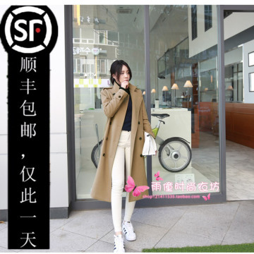 韩国代购2015秋冬新款呢子大衣女士中长款直筒加棉毛呢风衣外套