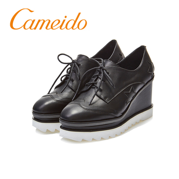 Cameido/卡美多2016年秋季新款休闲单鞋坡跟深口系带女松糕厚底