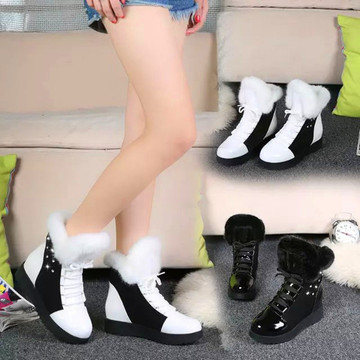 韩版冬兔毛短靴平底加厚东北保暖雪地靴女系带黑白学院风精品女靴