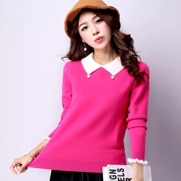 2015冬季新款女装韩版修身显瘦长袖套头娃娃翻领中短款毛衣打底衫