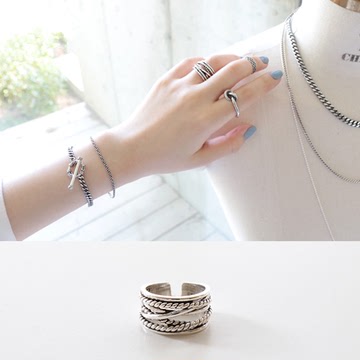 韩国定制925纯银不规则线条多层缠绕设计复古泰银开口戒指环潮流