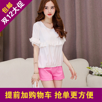 木瓜牛奶 2015韩版新款女式宽松大码荷叶袖短袖圆领百搭纯色t恤女