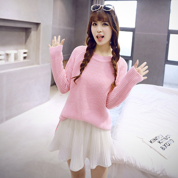 2015秋季新款韩版女装淑女可爱甜美气质纯色圆领保暖针织毛衣