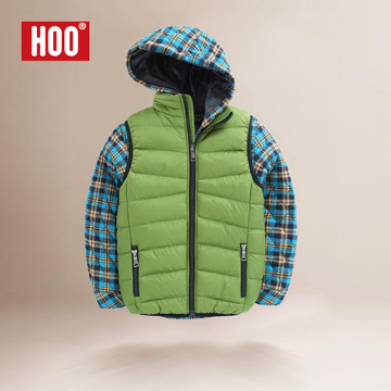 hoo男童棉服马甲两件套冬装2015 儿童格子棉袄可拆卸袖保暖外套酷