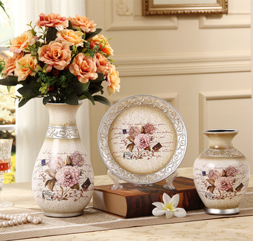 欧式陶瓷花瓶三件套奢华家居客厅玄关摆件结婚礼物插花花器装饰品