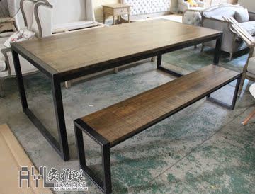 特价进口松木美式法式咖啡厅茶几茶桌LOFT风格实木铁艺长餐桌长凳