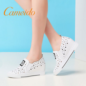 Cameido/卡美多2016新款时尚小白鞋内增高镂空坡跟乐福鞋厚底休闲