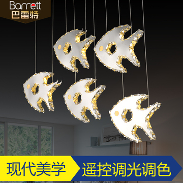 LED水晶餐厅吊灯鱼形三头五头时尚餐吊灯具简约艺术创意卧室灯饰