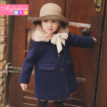 2015冬款女童韩版公主高贵夹棉呢子大衣毛领保暖羊绒儿童时尚外套