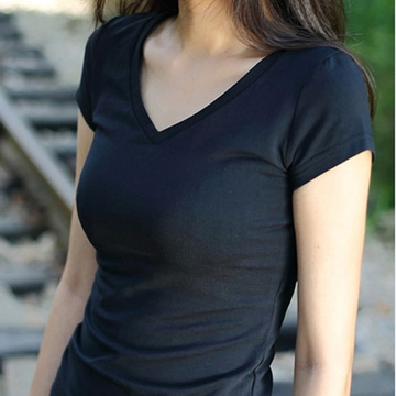 2015新款韩版女士春夏季V领纯色白黑灰修身高弹力t打底衫短袖T恤