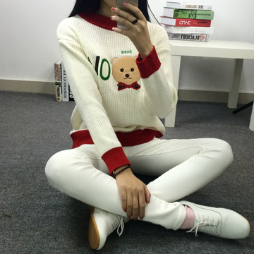 2015秋冬女装新款日系甜美小熊图案套头长袖针织衫卡通毛衣