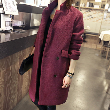 2015冬款韩国代购加厚酒红色羊毛呢大衣女呢子中长款外套p150