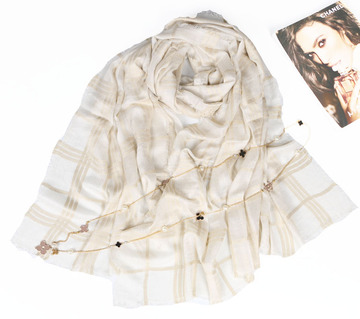 欧美秋冬时尚高端200支羊毛莫代尔金丝格子围巾披肩两用气质米色