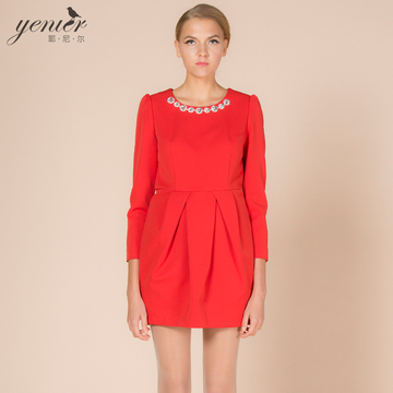 耶尼尔2014新款秋女装专柜正品红色修身新娘伴娘装连衣裙11431405
