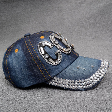 韩国代购2015夏季新款女帽字母烫钻图案鸭舌帽时尚遮阳帽棒球帽i