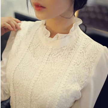 2015秋冬装新款韩版白蕾丝雪纺衫女加绒加厚拼接小立领长袖打底衫