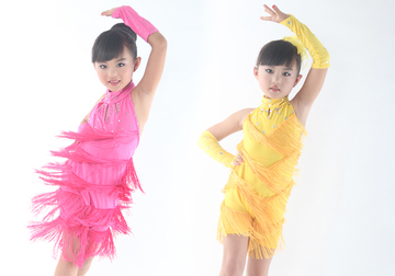儿童拉丁舞服装 女童拉丁裙 中大童练功服流苏款舞蹈比赛服