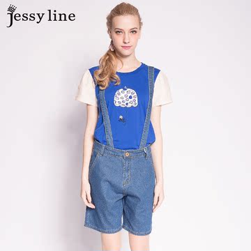 jessy line2015夏装新款 杰茜莱百搭休闲印花钉珠短袖T恤 女上衣
