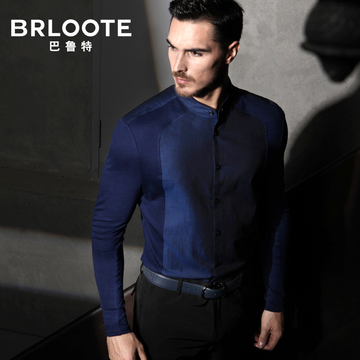 Brloote/巴鲁特修身小立领衬衫 男款长袖宴会礼服棉羊毛拼接衬衣