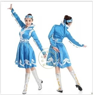 新款少数民族蒙古族服饰表演民族服装舞蹈台女装天蓝色儿童演出服