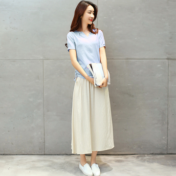 2016新款韩版棉麻鸡心领短袖衣摆抽绳上衣棉麻纯色长裙套装