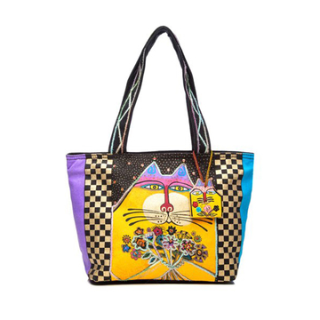 美国LaurelBurch艺术帆布包 欧美潮款彩绘格子猫单肩包4203手提包
