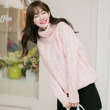 韩国东大门韩版女装 高领宽松麻花针织打底衫女式毛衣