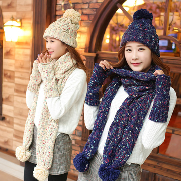 女冬天韩版潮毛线帽子围巾加厚可爱三件套装保暖手套生日礼品套装
