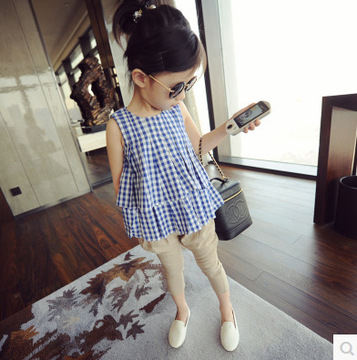 童装2015日韩夏装新款甜美童装女童连衣裙小格子娃娃款可爱小洋装