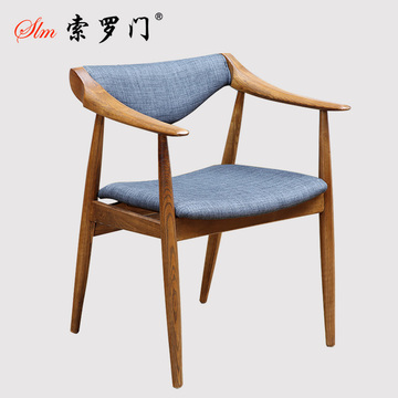 【索罗门】 水曲柳纯实木椅子 中式棉麻布艺灰色单人餐椅扶手特价