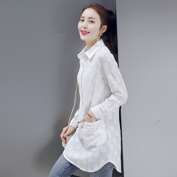 韩版修身长袖棉衬衫女 2016春季新款刺绣中长款大码缇花棉布衬衫