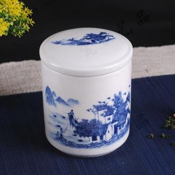 大号陶瓷茶叶罐 密封罐 青花瓷罐子 直筒陶瓷罐 茶叶包装罐陶瓷