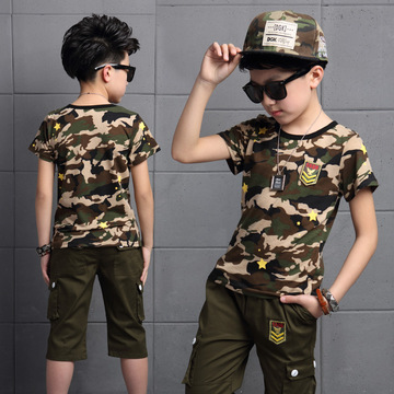 淘宝爆款男童新款迷彩两件套韩版夏季短袖T恤+五分裤童套装中大童