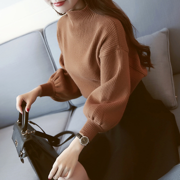 韩国秋装新款韩版纯色半高领显瘦蝙蝠针织衫宽松灯笼袖套头毛衣女