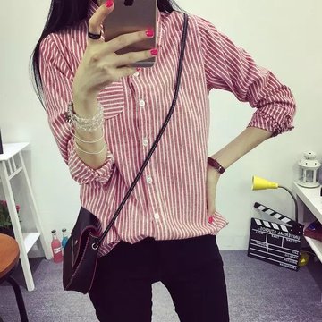 2016秋季新款韩版修身显瘦磨毛翻领竖条纹长袖衬衫中长款女士衬衣