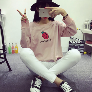 韩版时尚新款女装水果草莓刺绣百搭款长袖T恤打底衫女上衣学生装