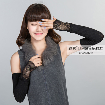 蕾丝针织保暖手臂套韩国女式过手腕半指性感毛线手套长款潮批 发