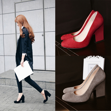 2016春韩国新款平头超高跟鞋粗跟浅口办公室单鞋真皮OL婚女鞋潮