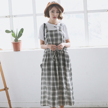 2015韩版学院风格子棉麻裙背带长裙 夏天百搭无袖