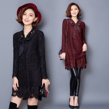2016春季韩版新款时尚显瘦中长款加绒加厚蕾丝连衣裙打底衫女冬上