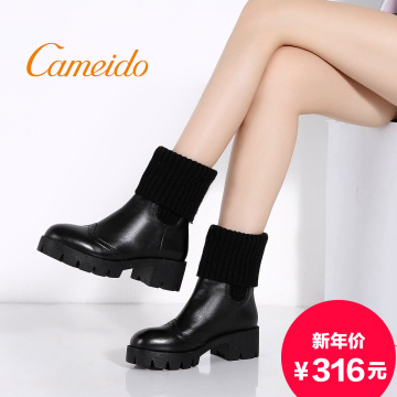 Cameido/卡美多2015冬季新款真皮马丁靴女绒里保暖短靴布洛克风