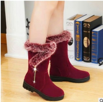 冬季新款加厚雪地靴女防滑粗跟侧拉链中筒靴女时尚毛毛红女靴便宜